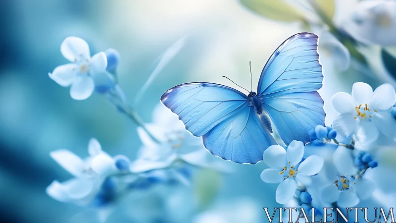 Blue butterfly resting on white blossoms in soft focus field.