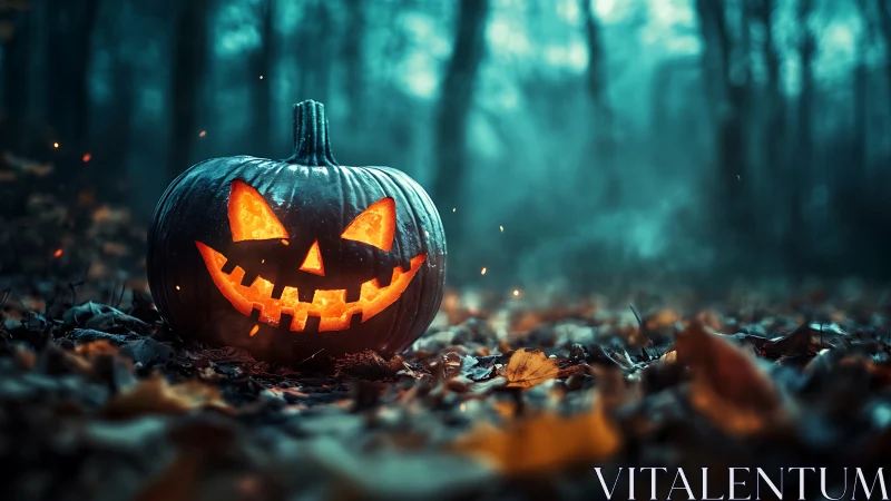 Jack o’lantern grins wickedly through misty forest dusk