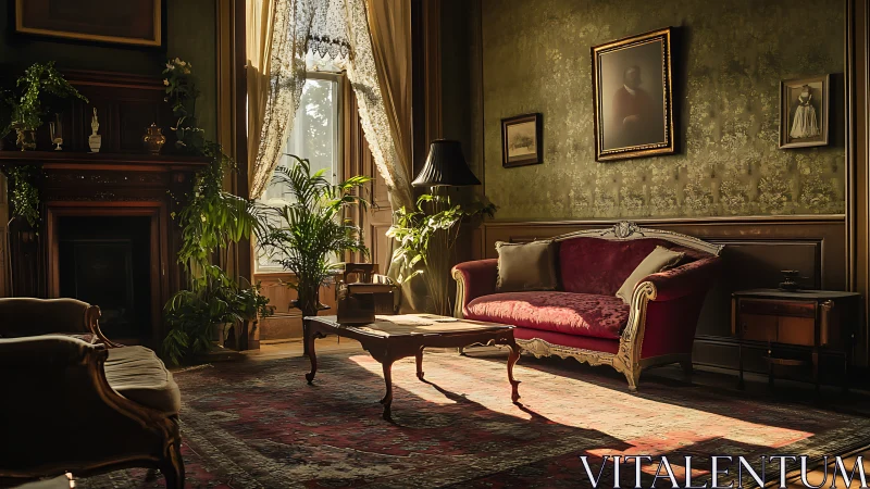 Sunlit vintage parlor with velvet sofa and graceful plants.