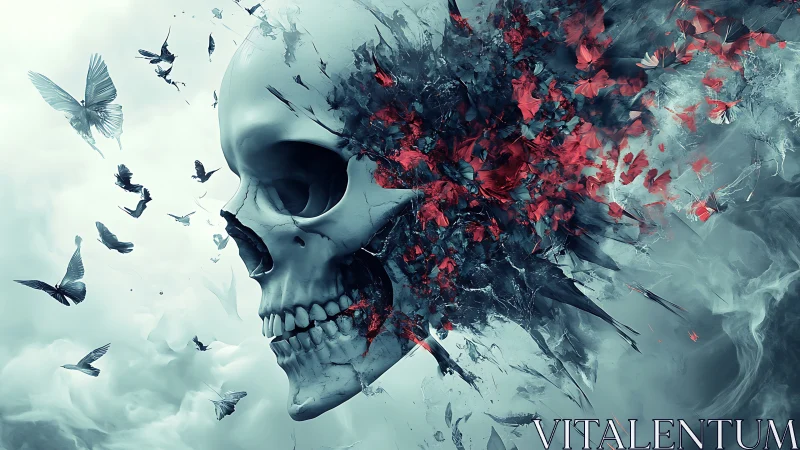 Skull of Shattered Petals and Rising Birds in Stormed Sky.