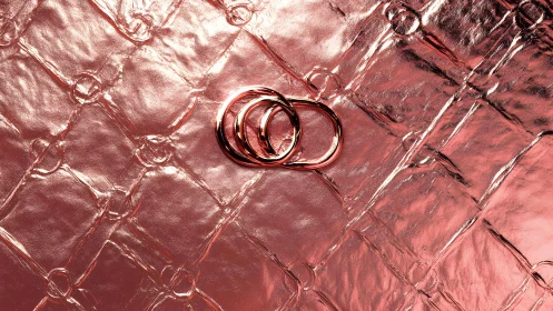 Rose gold wedding rings on quilted metallic background, modern style.