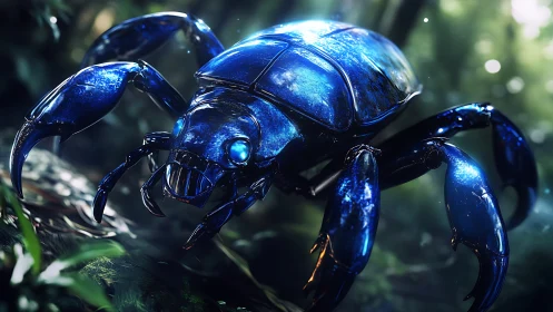 Chromed biomechanical beetle with reflective exoskeleton surfaces