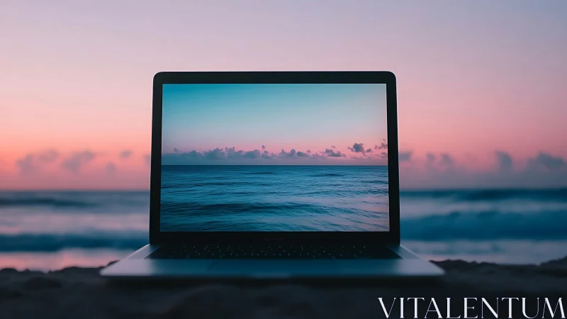 Laptop on beach sand showing calm ocean horizon at dusk.