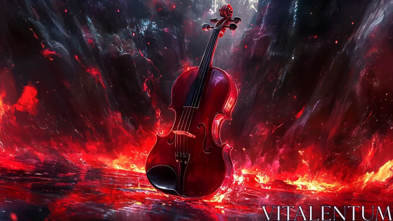 Red violin stands in glowing lava with dark stormy sky.