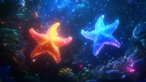Bioluminescent twin starfish drifting in cosmic reef dream.