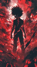 Fierce anime hero rising within a storm of blazing power.