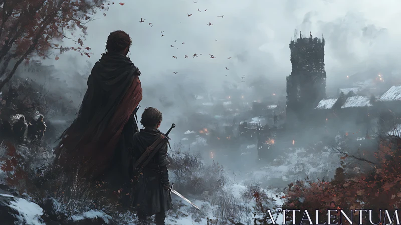 Two cloaked figures observe a misty fortified town.