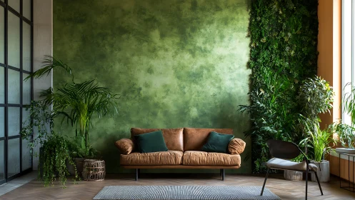 Biophilic living room with moss wall, leather sofa, and diffuse daylight