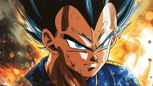 Battle-scarred anime warrior stands defiant in blazing chaos