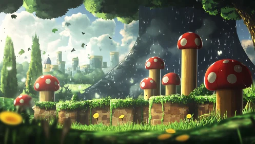 Giant red mushrooms rise in a rainlit fantasy garden world