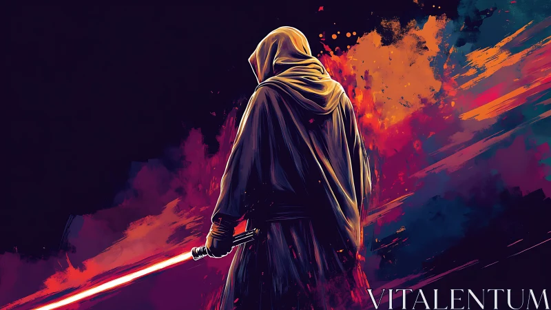 Hooded warrior ignites red energy blade amid explosive nebula