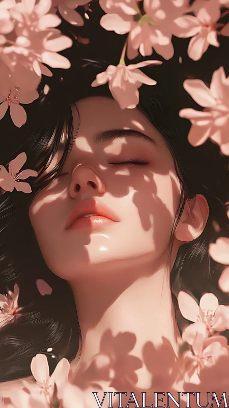 Sunlit petals cast soft shadows over a resting feminine face