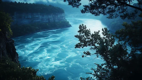Mist-lit blue river gorge cuts through shadowed forest cliffs.