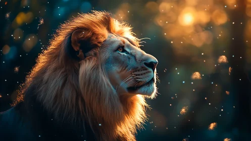 Majestic lion in cinematic backlight and drifting sparks.
