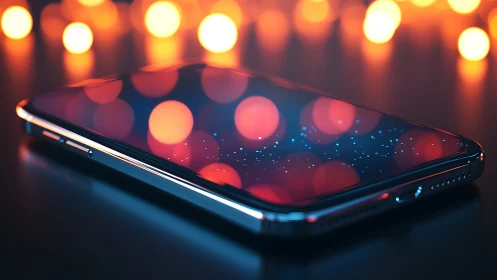 Luminous smartphone dreaming in warm neon bokeh night glow.