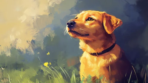 Golden dog gazes upward in warm, painterly afternoon light