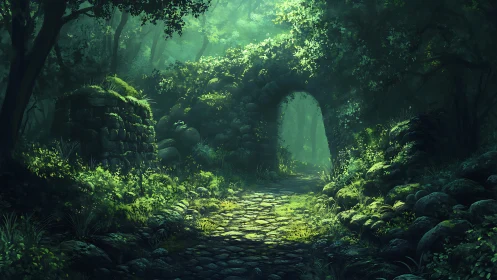 Luminous forest passage bathed in ethereal green light.