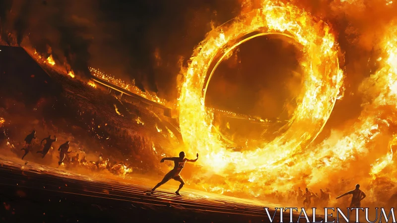 Fiery Portal Traversal: Human Silhouettes Against Blazing Ring of Flame.