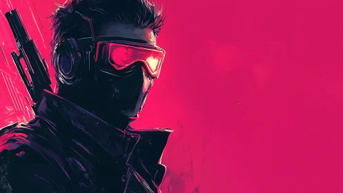 Cyberpunk sniper stands in neon haze, ready for action