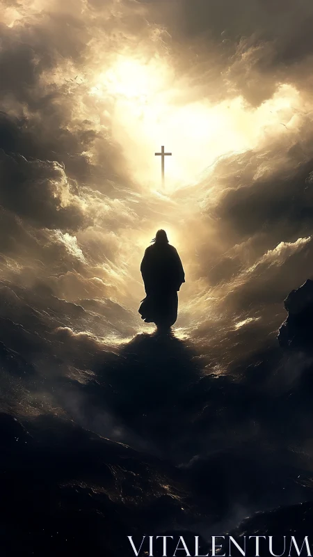 Silhouetted pilgrim walking into a storm-split heavenlit cross.