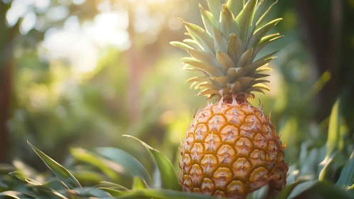 Mature pineapple growing among leaves in soft sunlight.