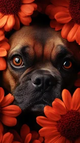Gentle brown dog rests among vivid orange blossoms calmly
