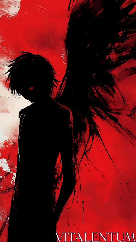 Dark winged figure silhouette on stark red abstract field.