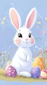 Sweet spring bunny resting among colorful easter eggs.