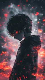 Brooding anime figure amid ember-lit, smoky darkness.