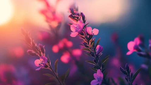 Pink wildflowers in soft sunset light close-up scene.