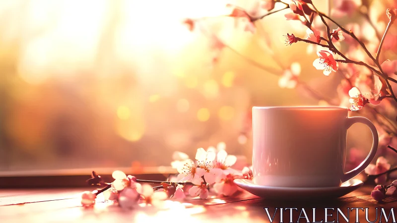 White porcelain cup amid sunlit cherry blossoms on table