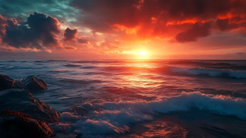 Ocean horizon at sunset under dense cloud cover.