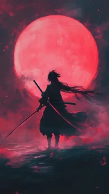 Silhouetted swordsman standing before large red moon.