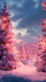 Snowy pink forest glowing with cozy winter lights.