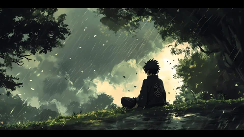 Solitary anime figure seated in rainy forest clearing.