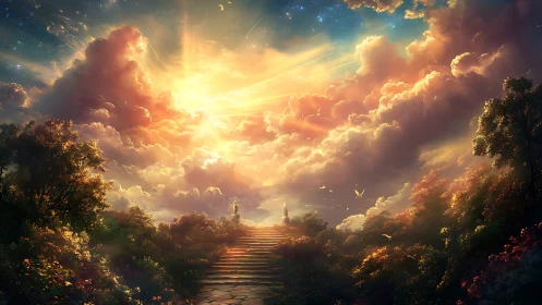 Sunlit stairway rising toward radiant celestial clouds.