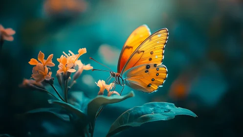 Macro digital painting of orange butterfly on teal foliage.