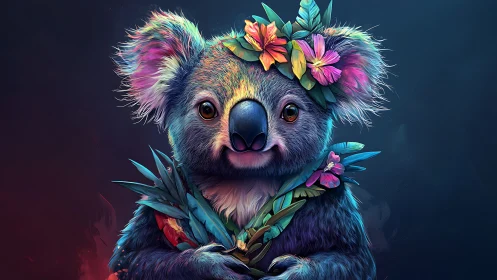 Floral crowned koala muse glowing in dreamy neon rainforest.