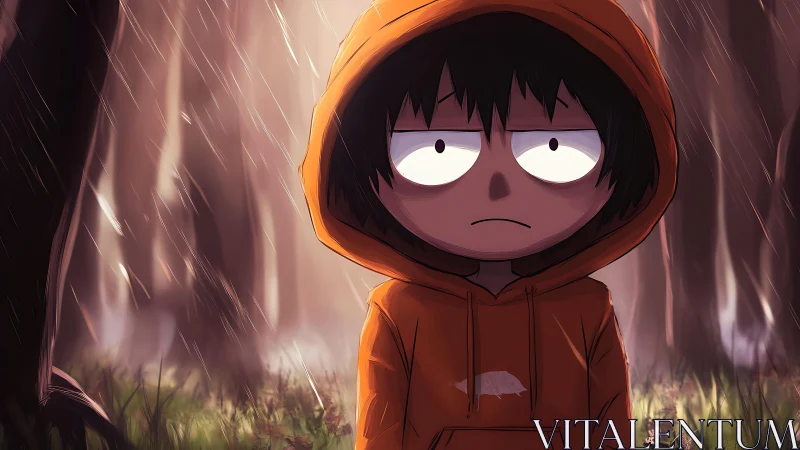 Moody cartoon kid in orange hoodie standing in rainy forest.