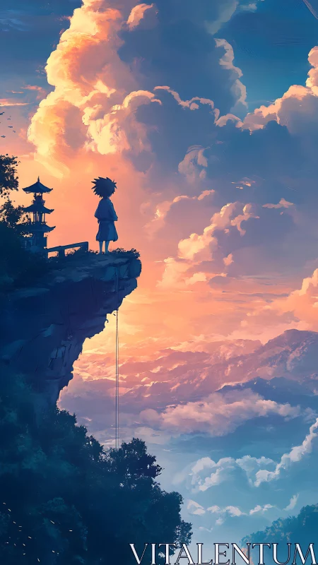 Silhouetted child observes towering sunset clouds from cliff