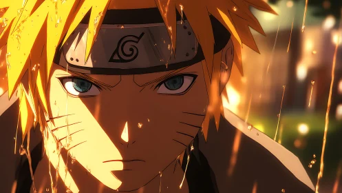 Stormlit ninja gaze cuts through falling amber sparks.