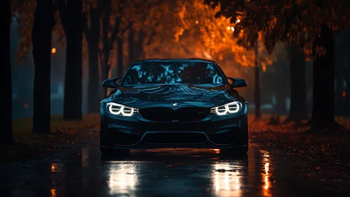 Night drive unfolds as a sleek car glows under autumn trees