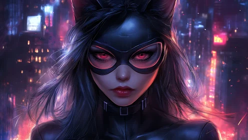 Neon night purrs through the gaze of a cyber city huntress