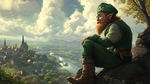 Leprechaun overlooking sunlit valley town from rocky cliff.