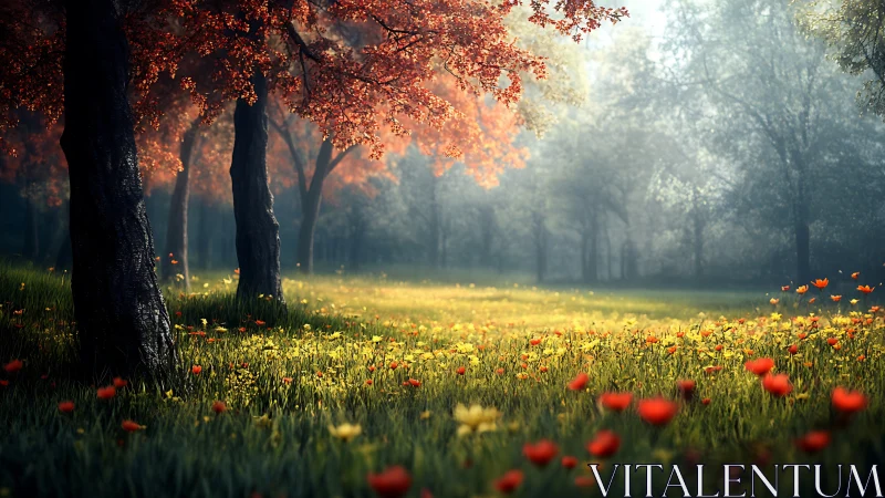Sunlit forest meadow glowing with wildflowers and mist.