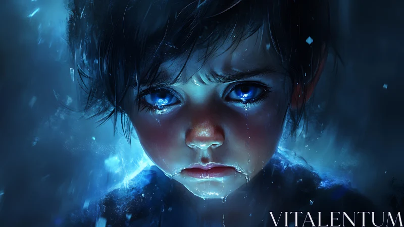 Sad child portrait with glowing blue eyes in tears.