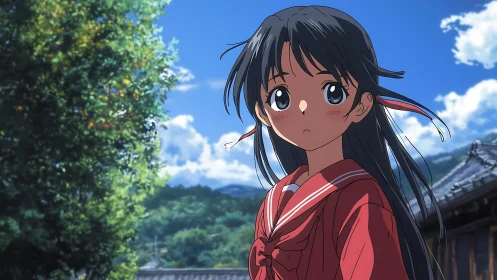 Anime schoolgirl in red uniform under high dynamic sky.