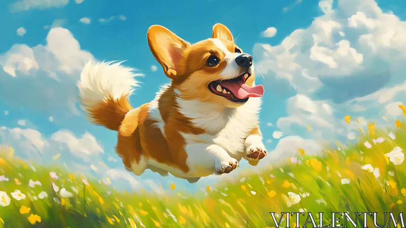 Joyful corgi bounds through sunlit meadow under bright sky