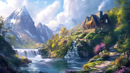 Cozy riverside cottage glowing beneath snow capped peaks.