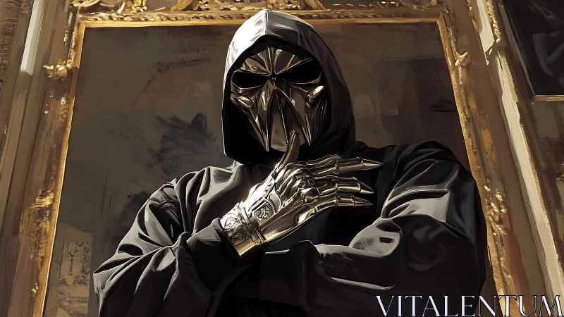 Digital painting of masked cybernetic figure in baroque frame.